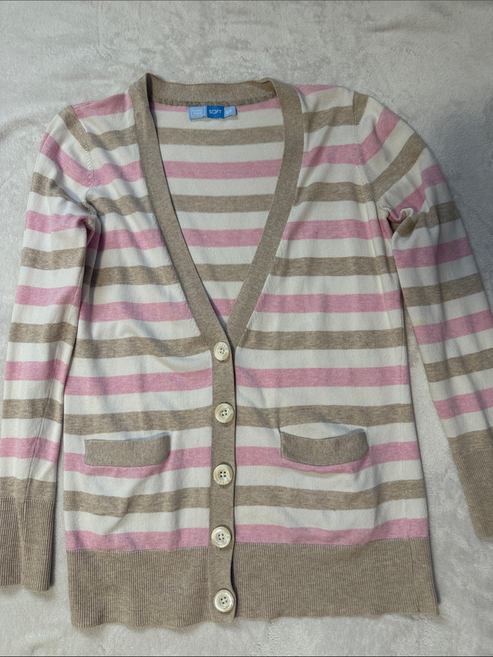 Striped Pink & Beige Button-Front Cardigan Sweater